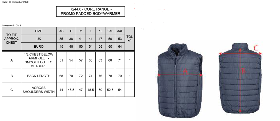 Darwen FC - Padded Bodywarmer : Black - Size Guide