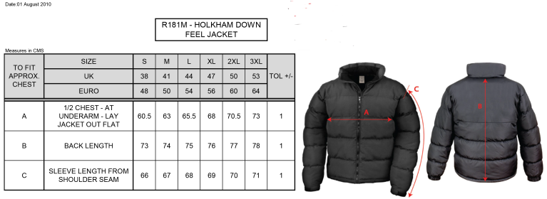 Darwen FC - Holkham Down Feel Jacket : Black - Size Guide