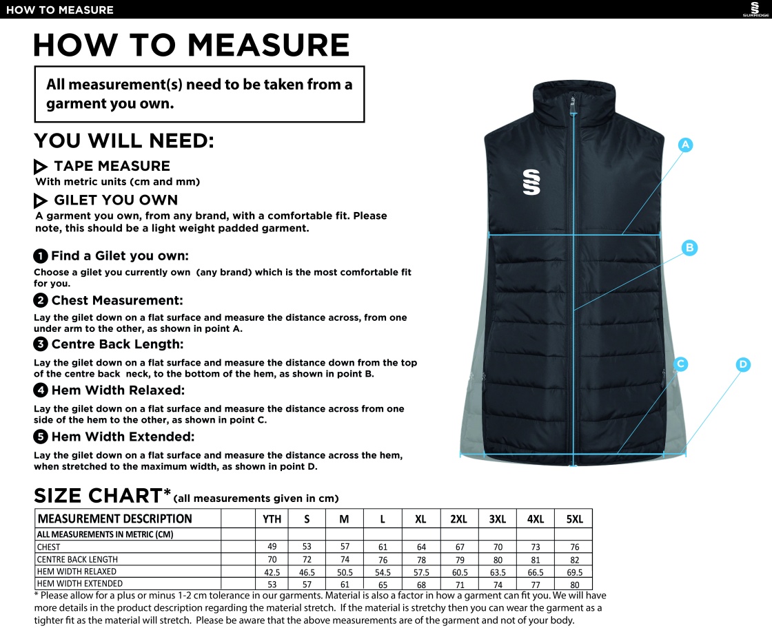 Darwen FC - Active Gilet - Navy - Unisex Fit - Size Guide