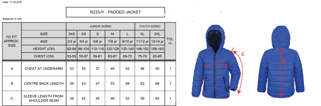 Darwen FC - Supersoft Padded Jacket - Youth's Fit - Size Guide