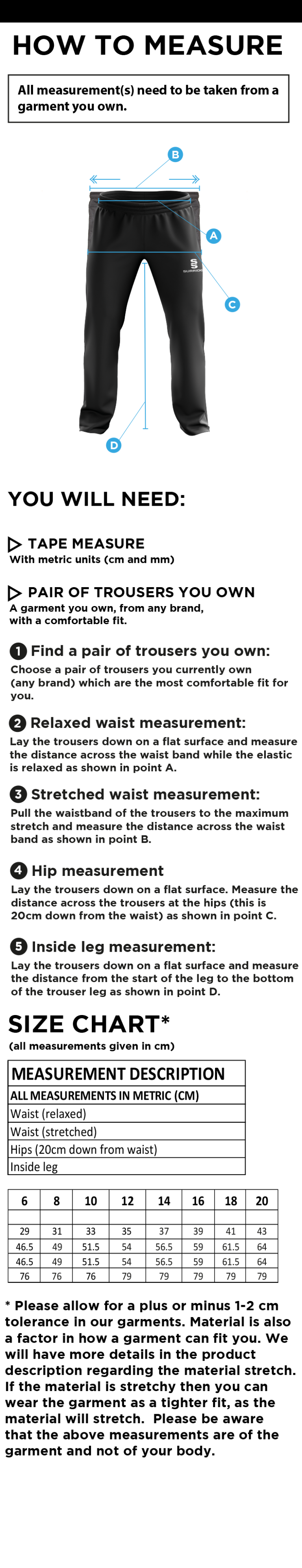 Womens Match Day - Dual Poplin Track Pant with Lycra - Black - Women's Fit - Size Guide