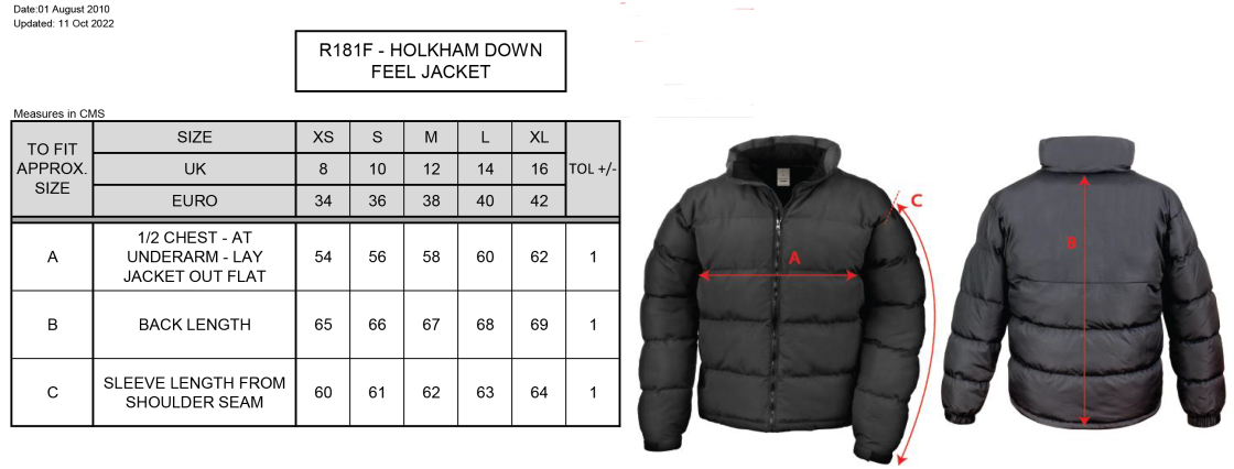 Women's Holkham Down Feel Jacket : Black - Size Guide