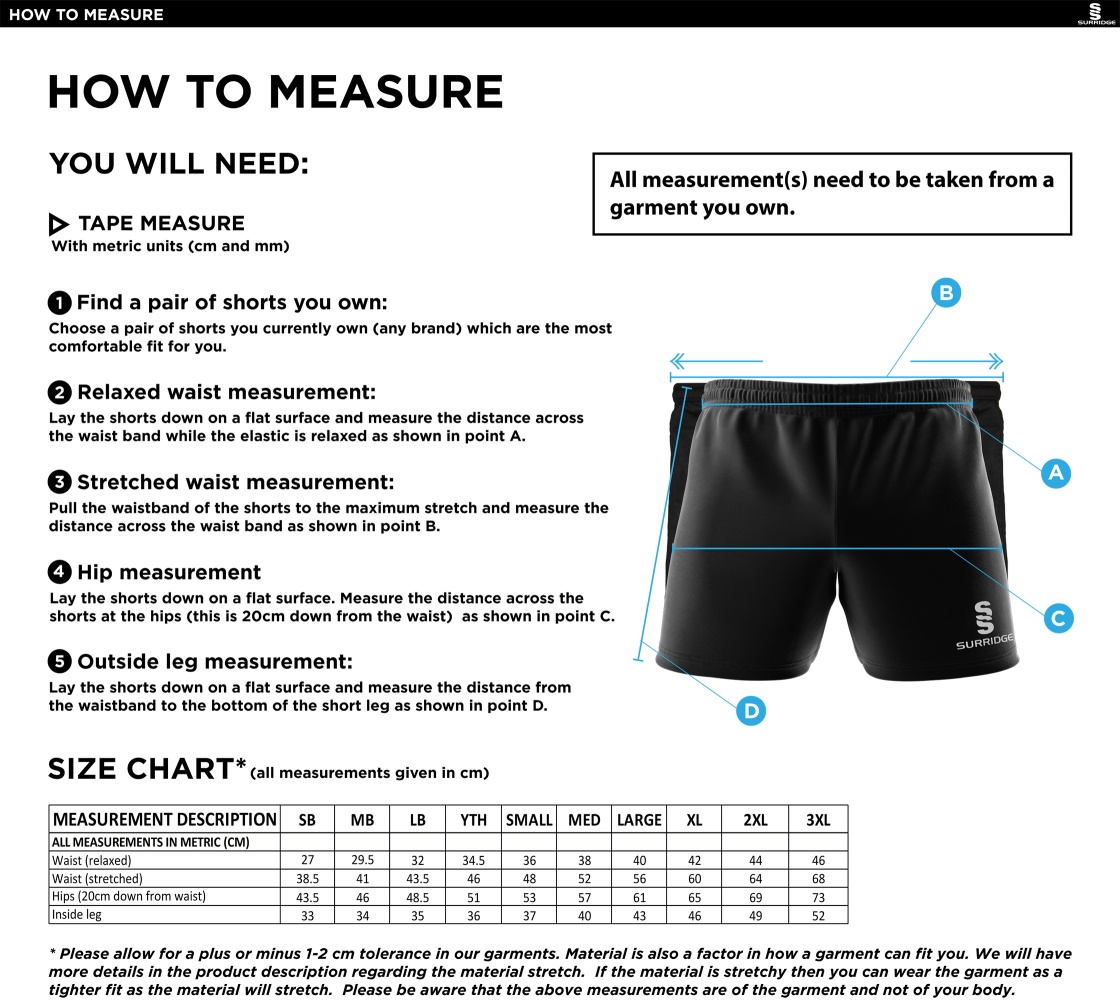 Darwen FC - Performance Gym Short - Navy - Unisex Fit - Size Guide