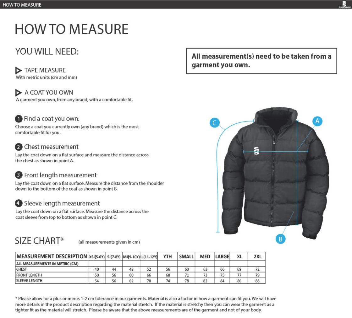 Darwen FC - Holkham Down Feel Jacket : Navy - Size Guide