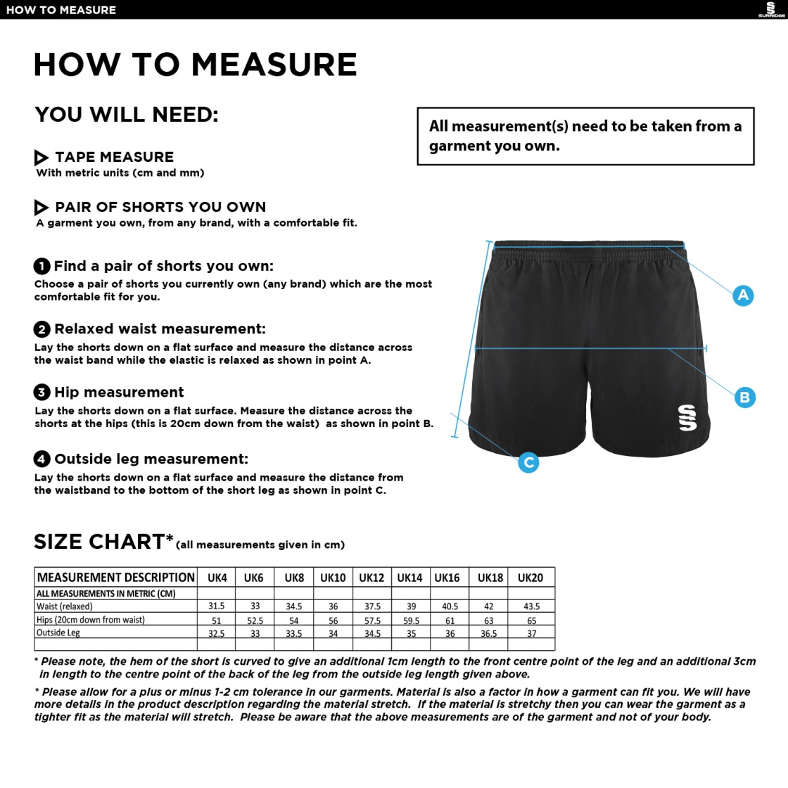 Womens Match Day - Performance Gym Short - Black - Women's Fit - Size Guide