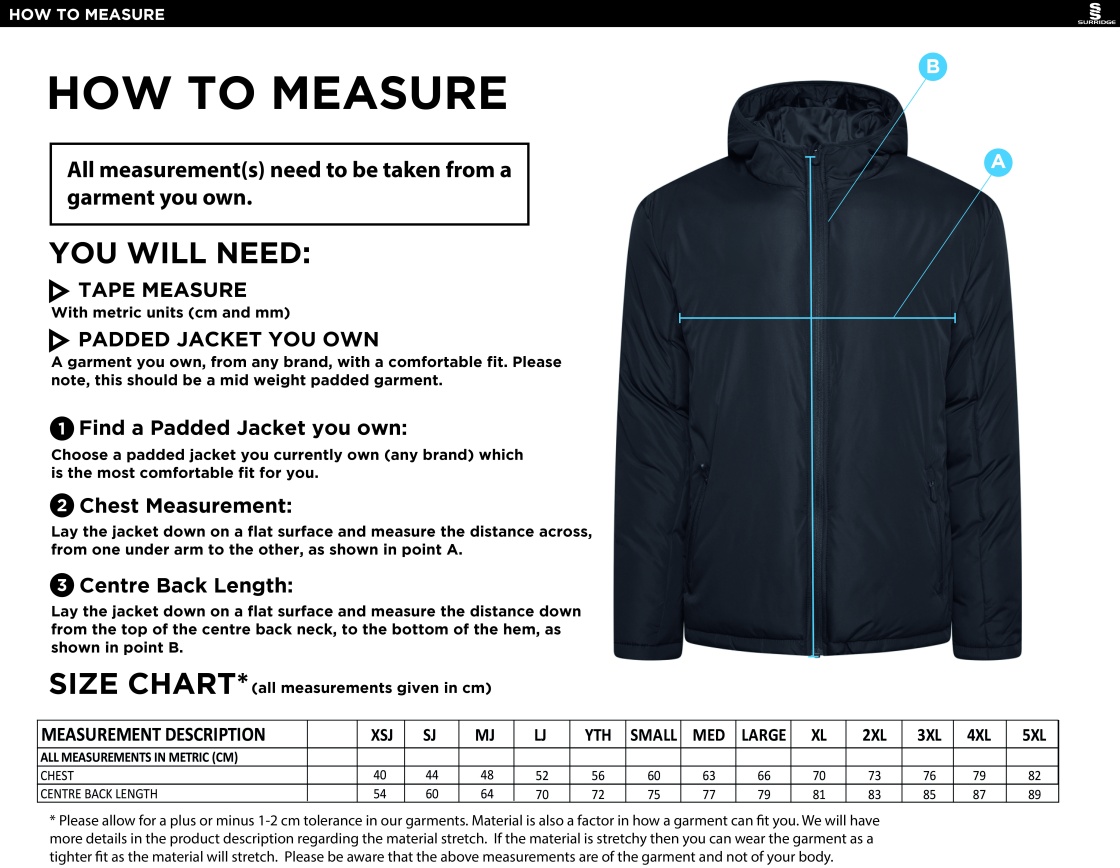 Darwen FC - Active Padded Jacket - Unisex Fit - Size Guide