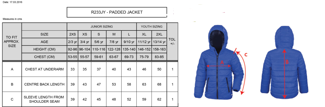 Darwen FC - Supersoft Padded Jacket - Youth's Fit - Size Guide