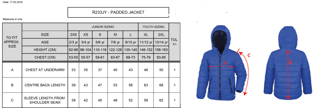 Supersoft Padded Jacket Youth: Black - Size Guide