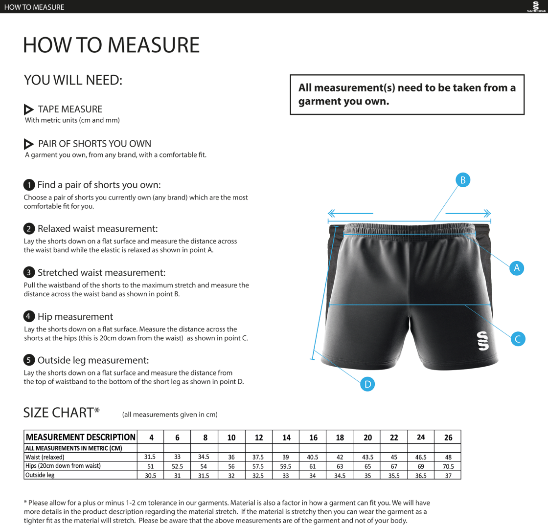 Womens Match Day - Match Short - Black - Women's Fit - Size Guide