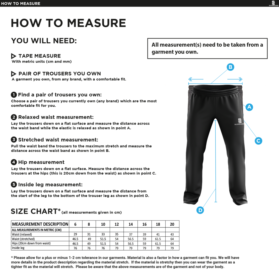Womens Match Day - Dual Poplin Track Pant with Lycra - Black - Women's Fit - Size Guide