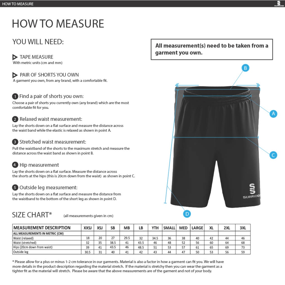 Match Day - Fuse Shorts - Black - Size Guide