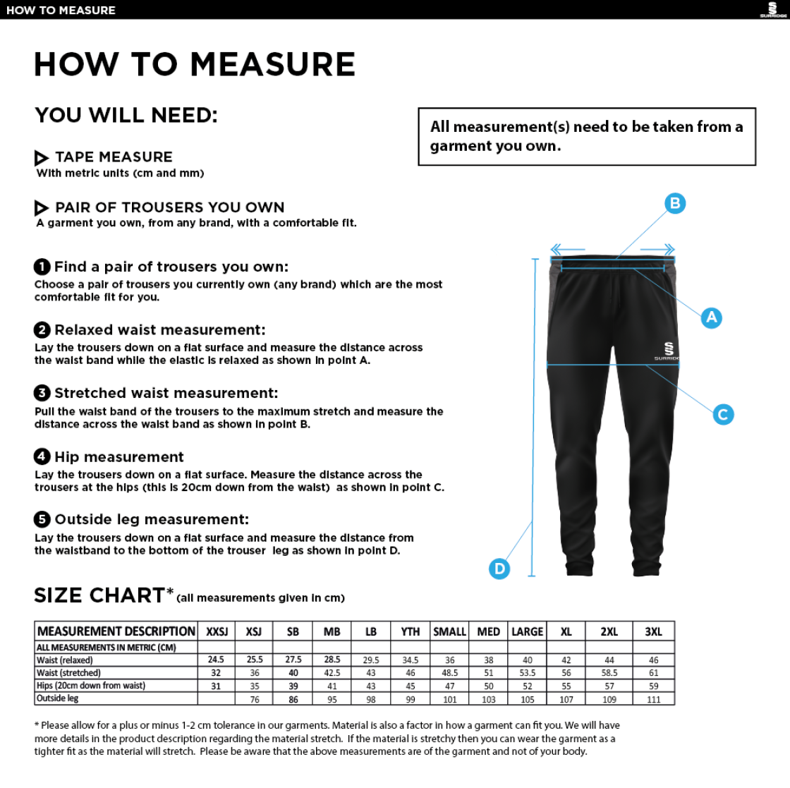 Darwen FC - Tracksuit Pant - Unisex Fit - Size Guide