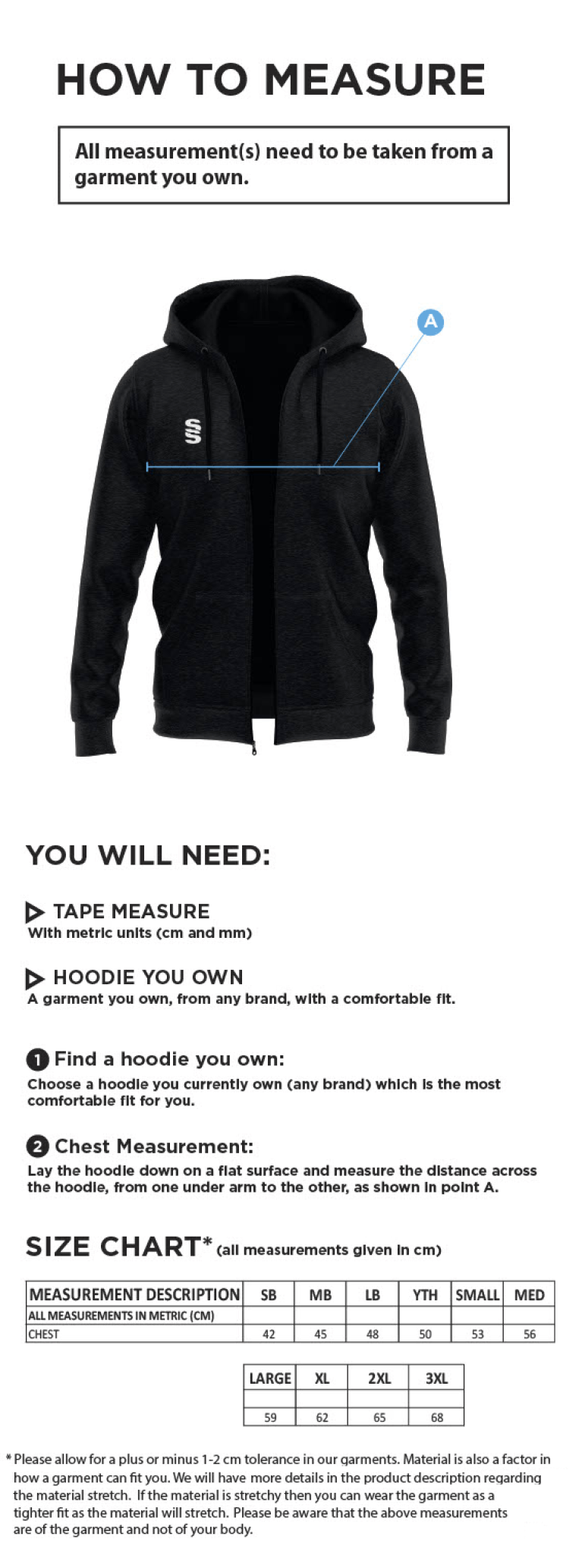 Darwen FC - Dual Full Zip Hoody - Royal - Unisex Fit - Size Guide