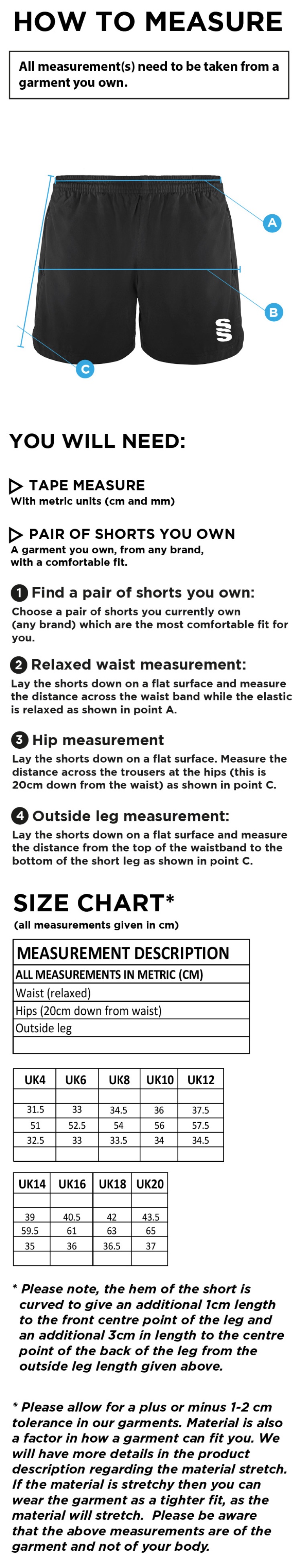 Womens Match Day - Performance Gym Short - Black - Women's Fit - Size Guide