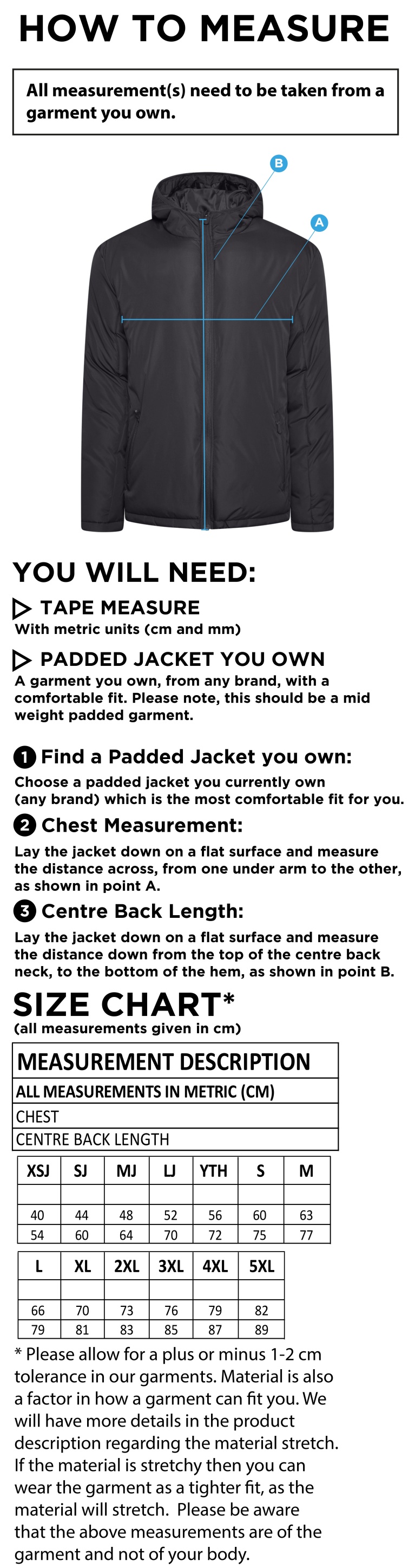 Darwen FC - Active Padded Jacket - Unisex Fit - Size Guide