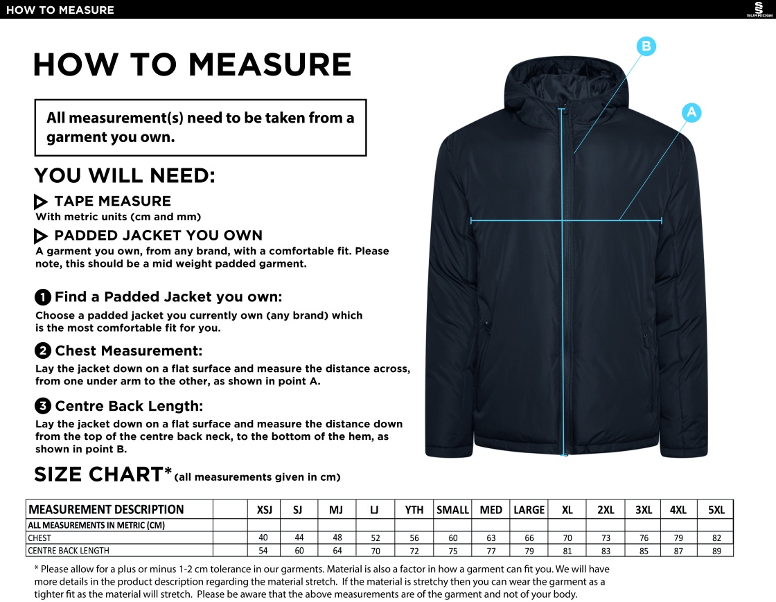 Darwen FC - Active Padded Jacket - Unisex Fit - Size Guide