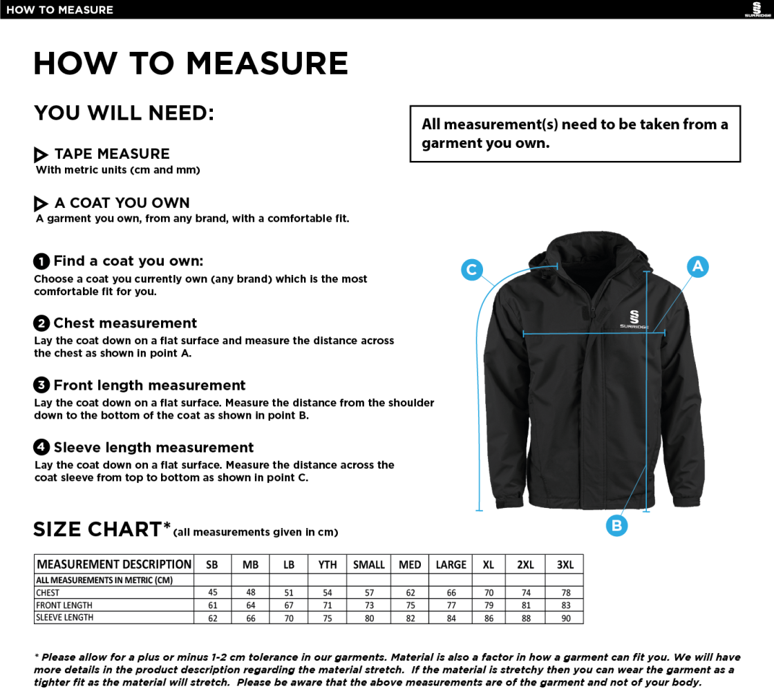 Darwen FC - Rain Jacket Black - Size Guide