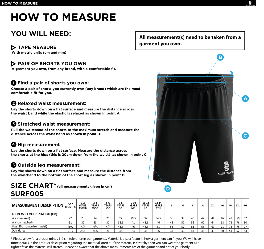 Darwen FC - Training Shorts Black - Size Guide