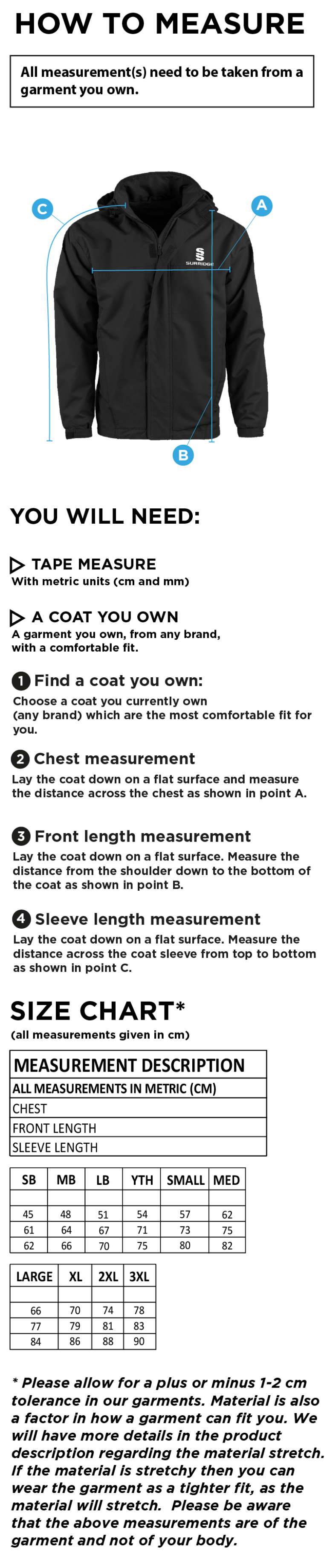 Darwen FC - Dual Fleece Lined Jacket : Navy - Size Guide