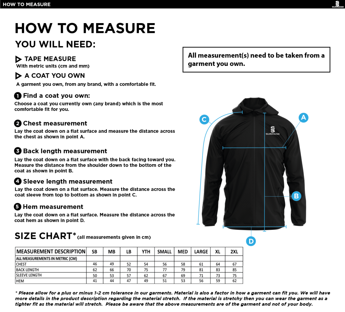 Darwen FC - Training Jacket Black - Size Guide